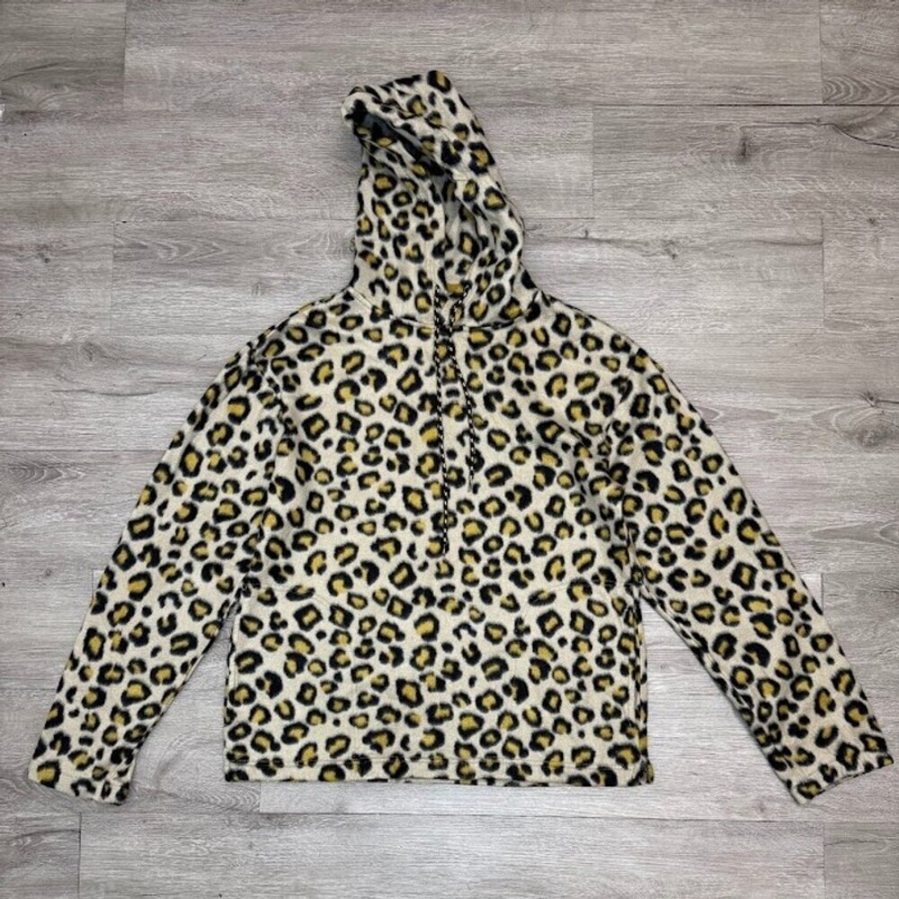 Leopard Print Fleece Hoodie Men’s Small Cozy Sherpa Pullover